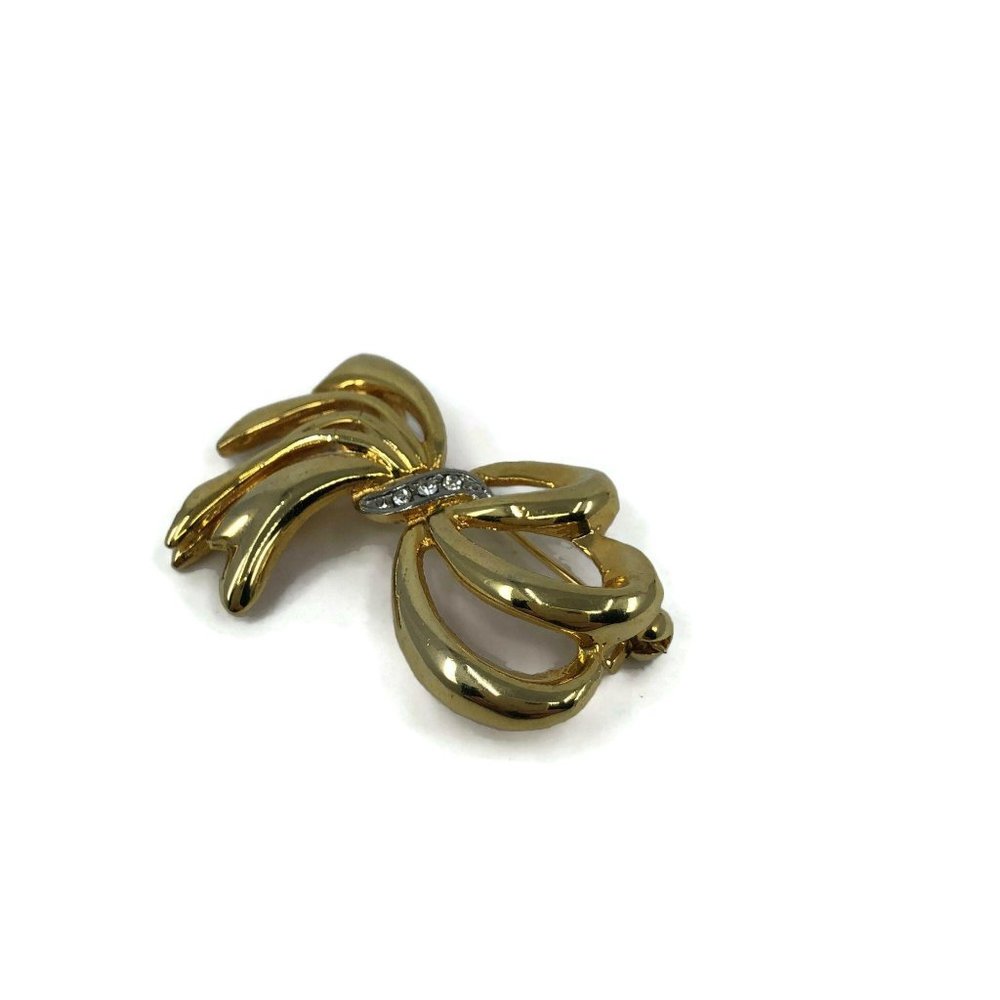 Gold Tone Ribbon Brooch with Rhinestones - Picture 3 of 6